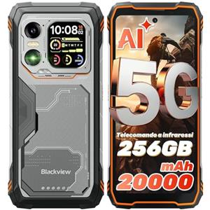 Blackview Xplore 1 5G Rugged Smartphone con Display Secondario, 20000mAh, Dimensity 7050 Telefono Indistruttibile, Android 15, 36GB+256GB/2TB 64MP+20MP Notturna, 6,78" 120Hz,OTG/AI/NFC/Arancio