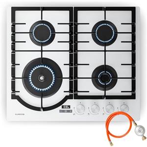Klarstein Ignito Piano Cottura Gas, 4 Bruciatori Alluminio, Timer, Sicurezza Fiamma, Supporti Ghisa, GPL & Metano, 60x51cm, Fornello a Gas con Accensione Elettrica, Bianco