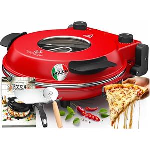 KESSER® Forno elettrico per pizza fino a 400 gradi, 1200 W, con piastra in pietra refrattaria e timer, diametro 32 cm, 5 livelli di calore e finestra di visualizzazione, con tagliapizza e ricettario