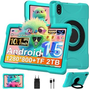 UJJ Tablet 10 Pollici Android 15 con 30GB RAM+TF 2TB,Octa-Core 2.0 Ghz, Gemini AI/Widevine L1, 5G WiFi/Bluetooth 5.0, 1080*800/5MP+8MP, Newest Tablet Bambini con Caso EVA + Staffa girevole a 360°, Verde