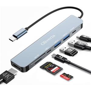 Oliveria Hub USB C 7 in 1 Con HDMI 4K, Lettore Schede SD/TF, Porte USB 3.0/2.0, PD 100W - Adattatore Type C Per MacBook Air/Pro, Galaxy, iPad, Chromebook