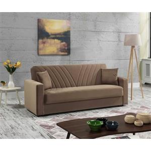 Dmora - Divano Letto 3 posti Jorge, Divano Contenitore lineare con 2 Cuscini, Sofà da Soggiorno in Tessuto con Apertura Click-clack, 214x81xh89 cm, Beige