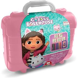 GABBY'S DOLLHOUSE Travel Set: Valigetta con Timbri, Matite Colorate, Inchiostro e Puzzle Stickers