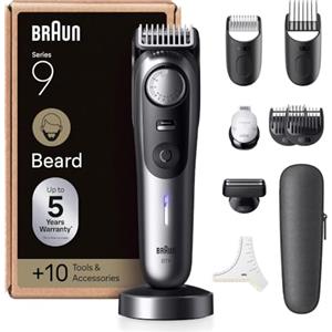 Braun Regolabarba Uomo Series 9, Rasoio Elettrico Barba Braun, +10 Strumenti Da Barbiere, Lama ProBlade Affilata A Vita, 180 Min, Selettore Di Precisione Con 52 Lunghezze, Impermeabile, BT9545, Cromo