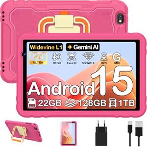 JUEDUR Android 15 10 pollici Tablet bambini con Gemini AI, 22GB RAM+128GB ROM, Controllo Parentale, 8000 mAh, Octa-Core, 5MP+8MP con 5G Wifi6, Custodia protettiva EVA antiurto + Staffa girevole a 360°(Rosso)
