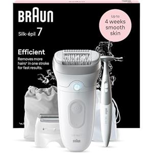 Braun Silk-épil 7 Depilatore Donna, Epilatore Elettrico Donna, Rifinitore Bikini Styler, Testina Ampia, Wet & Dry, Pelle Liscia a Lungo, Con Testina Per Rasoio Donna, 7-241, Bianco/Argento