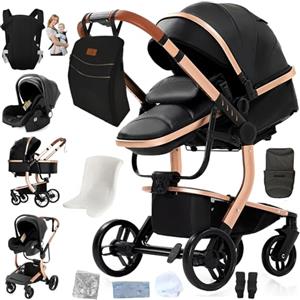 Magic ZC Pelle PU Passeggino Trio, Passeggino 3 in 1 con Spinta Reversibile a Due Vie, Trio Neonati con Accessori, Carrozzina per Neonati con Design Portatile Pieghevole Un Clic (L518 Black)