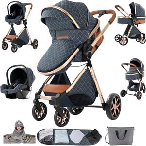 Sianldcone Passeggino 3 in 1 Trio Neonati, Tessuti di Alta Qualità Carrozzina per Neonato, Spinta Bidirezionale Passeggino Reversibile, Visione Aperta Passeggino Trolley (V9 Blue)