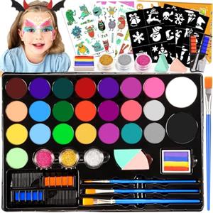 Adeokay Truccabimbi Kit - 28 Colori Truccabimbi Kit Anallergici Atossici Professionali con 3 Pennelli 30 Stencil Regalo Bambina 3 4 5 6 7 8 9 Anni- Trucca Bimbi Viso Bambini per Halloween, Carnevale, Pasquale