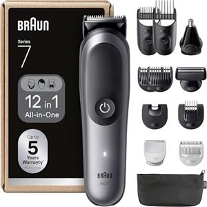 Braun Rifinitore All-In-One Series 7, Rasoio Elettrico Barba 12In1, Taglia Peli Naso E Orecchie, Macchinetta Per Capelli, Lama ProBlade, Tecnologia AutoSense, Wet&Dry, AIO7545, Grigio