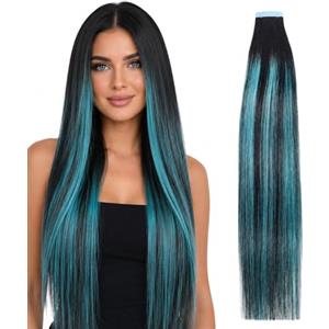 REDMENCO Extension Tape In Capelli Veri Nero con Riflessi Blu Teal, Nastro Invisibile, Riutilizzabili, 10 Fasce