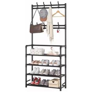 Generic Appendiabiti con Scarpiera 60x26x152 cm, Guardaroba Salvaspazio in Metallo con 4 Ripiani e 9 Ganci, Stand Porta Giacche e Scarpe per Ingresso, Corridoio, Camera da Letto (nero)