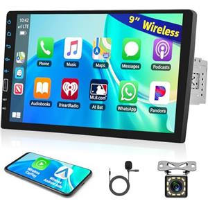 Motorsi Carplay Autoradio 1 Din, Bluetooth Car Stereo 9 Pollici HD Touchscreen Support Wireless Android Auto Bluetooth MirrorLink FM SWC USB Carica Retroilluminazione Colorata + Telecamera Posteriore