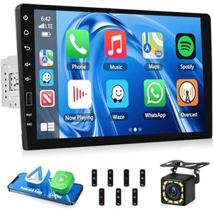 Motorsi Car Stereo Single Din con CarPlay Android Auto, 1 Din Ricevitore Audio con Touchscreen da 9 Pollici, Supporto Mirror Link Bluetooth Radio FM/AM/RDS AUX SWC EQ Car Stereo + Telecamera