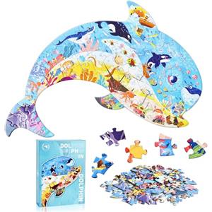 FORMIZON FORMIOZN Puzzle per Bambini, 128 Pezzi Puzzle Bambina Jigsaw, Puzzle Rotondo Per Bambini, Ragazza Ragazzo Regalo Puzzle, Educativo Giocattoli 3 4 5 6 7 8 9 Anni (Delfino)