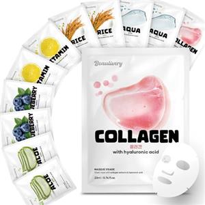 BEAULIVERY 12 Pezzi Maschera Viso Coreana con Acido Ialuronico, set maschere viso coreane, maschere per il viso Idratanti