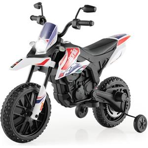FANTASK Motore elettrico da 12 V per bambini da 5,5 a 6 km/h, moto per bambini con ruote di supporto e musica e fari, moto in bianco e nero per bambini dai 3 agli 8 anni