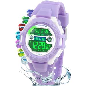 DTKID Orologio Digitale Bambino LED a 7 Colori, Orologio Bambino con Sveglia, Timer, Datario, Impermeabile Orologi per Bambini Sportivo da Esterno, per Ragazzi Ragazze e Adolescenti (Viola chiaro)