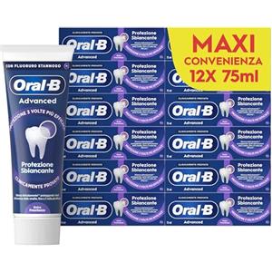 Oral-B Dentifricio Advanced Protezione Sbiancante 12x75ml, Dentifricio Sbiancante Denti, Clinicamente Provato, Pulizia Denti Efficace, Alito Fresco Sapore Menta Piperita