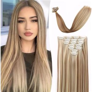 RPAEOY 7 Pezzi Clip in Hair Extensions Donne 16 Clips Lungo Dritto Extension Clip Capelli Testa Piena 55cm Sintetico Resistente al Calore Parrucche per Uso Quotidiano Partito(Biondo)