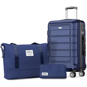 SHOWKOO Valigia Piccola 55cm Trolley Bagaglio a Mano Ultra Leggero ABS+PC Durevole Cabin Set Valige Trolley da Viaggio Chiusura TSA con Borsa da Toilette e Borsa da Viaggio, Blu