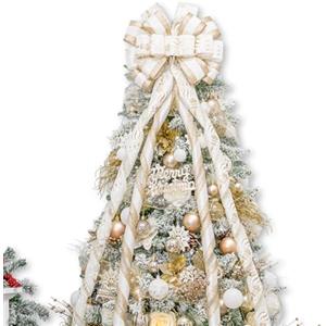 Hismir Puntale per albero di Natale, 130 x 38 cm, grande, con stelle filanti glitterate e nastro fantasia, decorativo per albero di Natale, ghirlanda, porta, festival, decorazione per la casa (oro