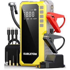 Karlxtom Booster Avviamento Auto con Compressore 190PSI, 12V Avviatore Batteria Auto (Tutto Gas/10L Diesel), Ingresso/Uscita Alimentazione di Avviamento e Luce LED da 500 LUM, Display LCD