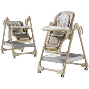 Magic ZC Pelle PU Seggiolone per Bambini Sedia da Pranzo per Multifunzionale Pappa Regolabili Convertibile Pieghevole con Doppi Vassoi Staccabili e Ruote (X8122 Khaki)