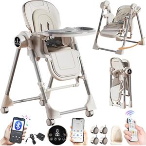 Magic ZC Elettrico Bluetooth Intelligente Pelle PU Seggiolone per Bambini Sedia da Pranzo per Multifunzionale Pappa Regolabili Convertibile Pieghevole con Doppi Vassoi Staccabili e Ruote (E8121 White)