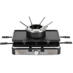 Salter Electric Raclette Grill & Fondue - 2 in 1 Griglia da Interno, Pentola per Sciogliere da 1,3L, Fonduta di Formaggio, 6 Forchette, Temperatura Regolabile, 8 Padelle e Spatole Antiaderenti