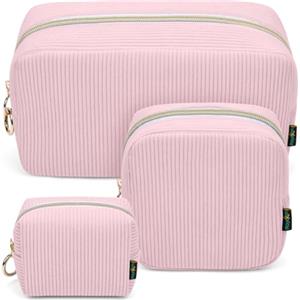 Playexen Set di 3 Pochette Donna Trucchi Mini Trousse da Borsetta Ragazza Piccolo Beauty Case da Viaggio Grande Borsa da Trucco in Velluto a Coste Mini Pochette Portatile Porta Cosmetica Astuccio(Rosa)