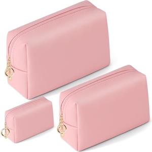 Playexen Beauty Case da Viaggio 3 Pezzi - Borsa per Cosmetica, Trousse Trucchi, Pochette Portatile, Accessori da Viaggio in Pelle PU - Borsa da Toilette Set Grande Capacità per Donna e Ragazze (Rosa)