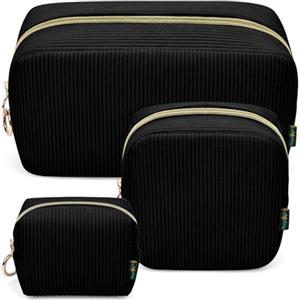 Playexen Set di 3 Pochette Donna Trucchi Mini Trousse da Borsetta Ragazza Piccolo Beauty Case da Viaggio Grande Borsa da Trucco in Velluto a Coste Mini Pochette Portatile Porta Cosmetica Astuccio(Nero)