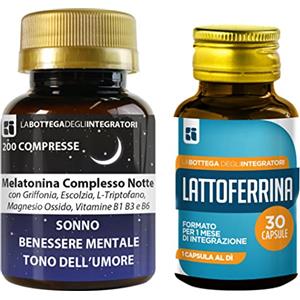 LABOTTEGADEGLIINTEGRATORI Set di Integratori Sonno e Umore + Lattoferrina | Melatonina Complesso Notte 200 Compresse + Lattoferrine 200 mg 30 Capsule
