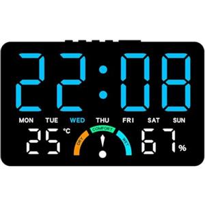 CWOQOCW Grande orologio digitale a LED con ora, umidità, temperatura, data, sveglia e indicatori di livello di comfort, progettato per appendere alla parete o installazione piatta (blu)