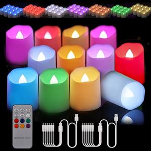 Porashine Candele ricaricabili, 12/6 LED, luce tremolante, bianco caldo/RGB con telecomando, timer USB, cavo 3D, senza fiamma, per casa, camera, tavolo, Halloween, decorazione natalizia (RGB)