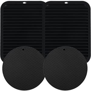 VEGCOO 4 Pezzi Sottopentola Silicone, Sottobicchiere in Silicone Antiscivolo, Presine da Cucina Resistente al Calore Fino A 230 °C, Proteggi Pentole per Padelle Teiere Ciotole (R+Rettangolo)