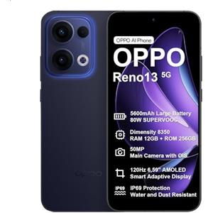 OPPO Reno13 5G 12 256GB, Smartphone Android Sbloccato con IA, Telefono Cellulare, Dimensity 8350 5G, Schermo 6,59 AMOLED 120Hz, SUPERVOOC 80W, 5600mAh, IP69, Fotocamera AI 50MP, Video 4K, NFC, Blu