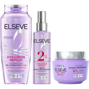 L'Oreal Paris L'Oréal Paris - Routine Cura Idratazione Intensa - Capelli Disidratati - Idratazione 72H - Acido Ialuronico - 3 Prodotti - Shampoo, Siero & Maschera - Elseve Hyaluron Repulp
