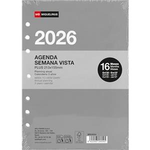 Miquelrius - Ricarica agenda 2026 anelli, 16 mesi, vista settimanale verticale, formato A5 ingrandito (155 x 213 mm), agenda interna settimanale sostituibile 6 anelli, spagnolo-EN-PT