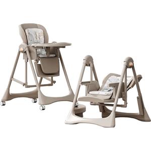 Magic ZC Pelle PU Seggiolone per Bambini Sedia da Pranzo per Multifunzionale Pappa Regolabili Convertibile Pieghevole con Doppi Vassoi Staccabili e Ruote (8121 Khaki)