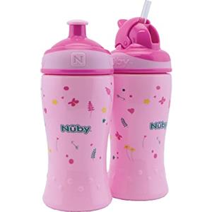 Nuby - 2 Pack di Bottiglie per bere antiproiettile - con cannuccia flip-it 360ml + bottiglia pop-up tazza per bambini - BPA-free - Rosa - 12+ - 18+ mesi