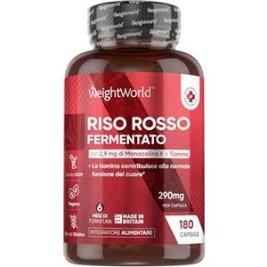 WeightWorld Riso Rosso Fermentato Vegano, 2,9mg Monacolina K a dose, 1 Capsula al Giorno, 6 Mesi, Vitamina B1 come Tiamina, Coenzima Q10 come Ubiquinone, Integratore Riso Rosso Red Yeast Rice con CoQ10 e Vit B1
