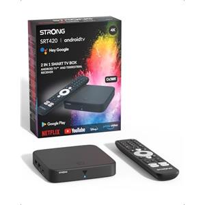 STRONG SRT420 Streaming Box Android TV, DVB-T 4K UHD, 2GB RAM + 8GB Memoria, Wi-Fi 5, Bluetooth BLE 5.0, HDR10+, Dolby Audio e Dolby Vision, Nero