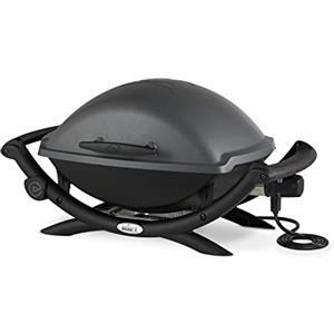 Weber Q2400 BBQ Elettrico con Supporto + ripiani laterali, sup. cottura 54 x 39 cm, sup. cottura in ghisa smaltata divisa in 2, coperchio e corpo in alluminio pressofuso - Grigio scuro (55020053)
