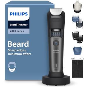 Philips Regolabarba Philips serie 7000 - Lame in metallo autoaffilanti, 40 impostazioni di lunghezza, tecnologia BeardSense, raccoglitore peli, impermeabile, supporto ricarica, custodia morbida, BT7660/15