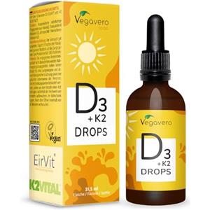 Vegavero Vitamina D3 + K2 Gocce | 1000 UI | K2VITAL® All-Trans MK-7 + D3EirVit® | Colecalciferolo & Menachinone | con Olio MCT | Vegan | Alta Biodisponibilità e Alto Dosaggio | Vegavero®