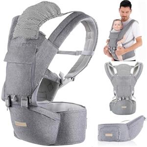 Kisdream Fascia Neonato, 9-in-1 Regolabile Marsupio Neonati Ergonomico, Confortevole e Leggero, Sedile con Supporto Lombare, Marsupio Bambino da 0-36 Mesi, Ideale per Genitori a Mani Libere, Grigio