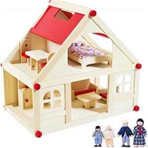Izzy Casa delle bambole in legno con 2 piani, 4 bambole e 9 mobili | Maniglia per il trasporto (casa delle bambole per bambini con 2 piani, mobili e accessori) - (38 x 27 x 39 cm)