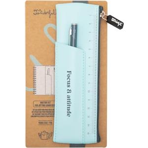 Mr. Wonderful - Set di scrittura blu - Focus & attitude - Piccolo astuccio per matite in PU - Con un elastico sul retro